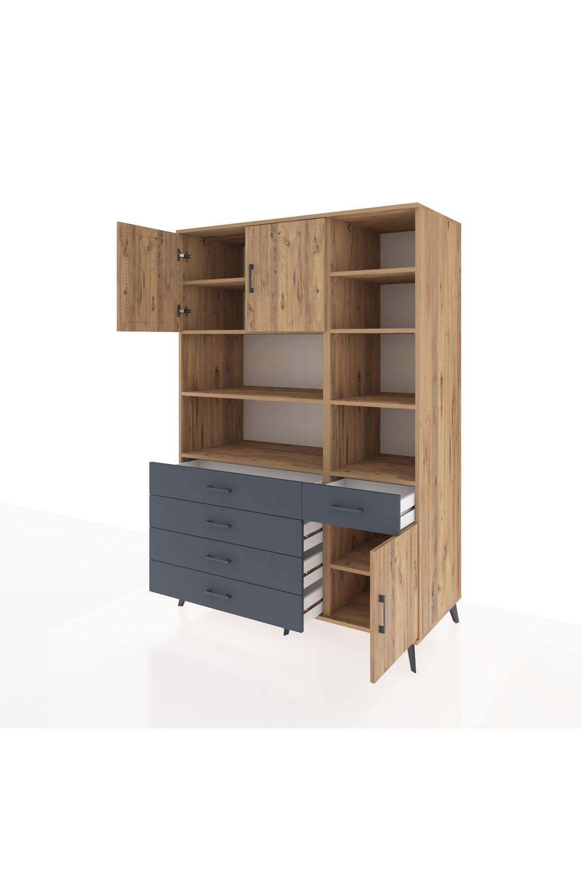 Kronos Dolap 9 Raflı 5 Çekmeceli 3 Kapaklı 132x59x195 Çam-Çam/Antrasit