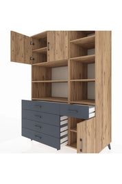 Kronos Dolap 9 Raflı 5 Çekmeceli 3 Kapaklı 132x59x195 Çam-Çam/Antrasit