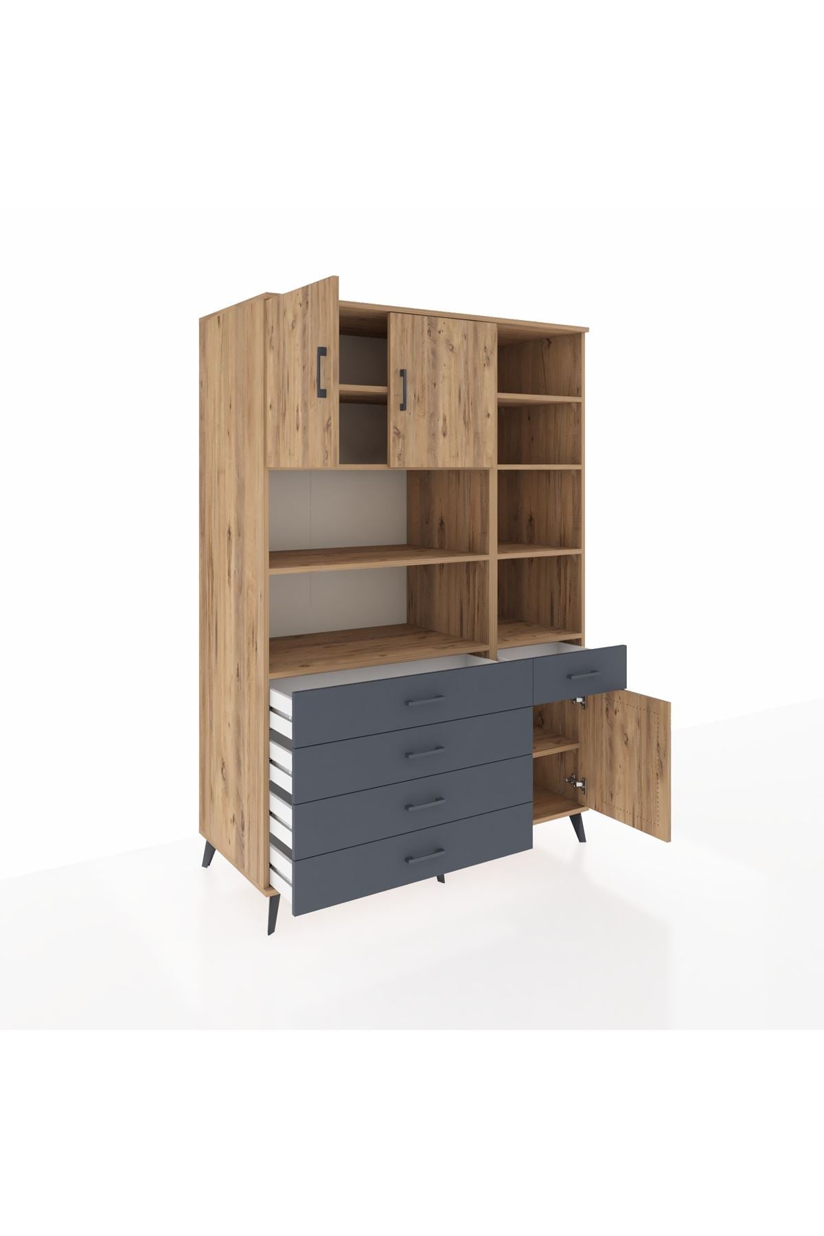 Kronos Dolap 9 Raflı 5 Çekmeceli 3 Kapaklı 132x59x195 Çam-Çam/Antrasit