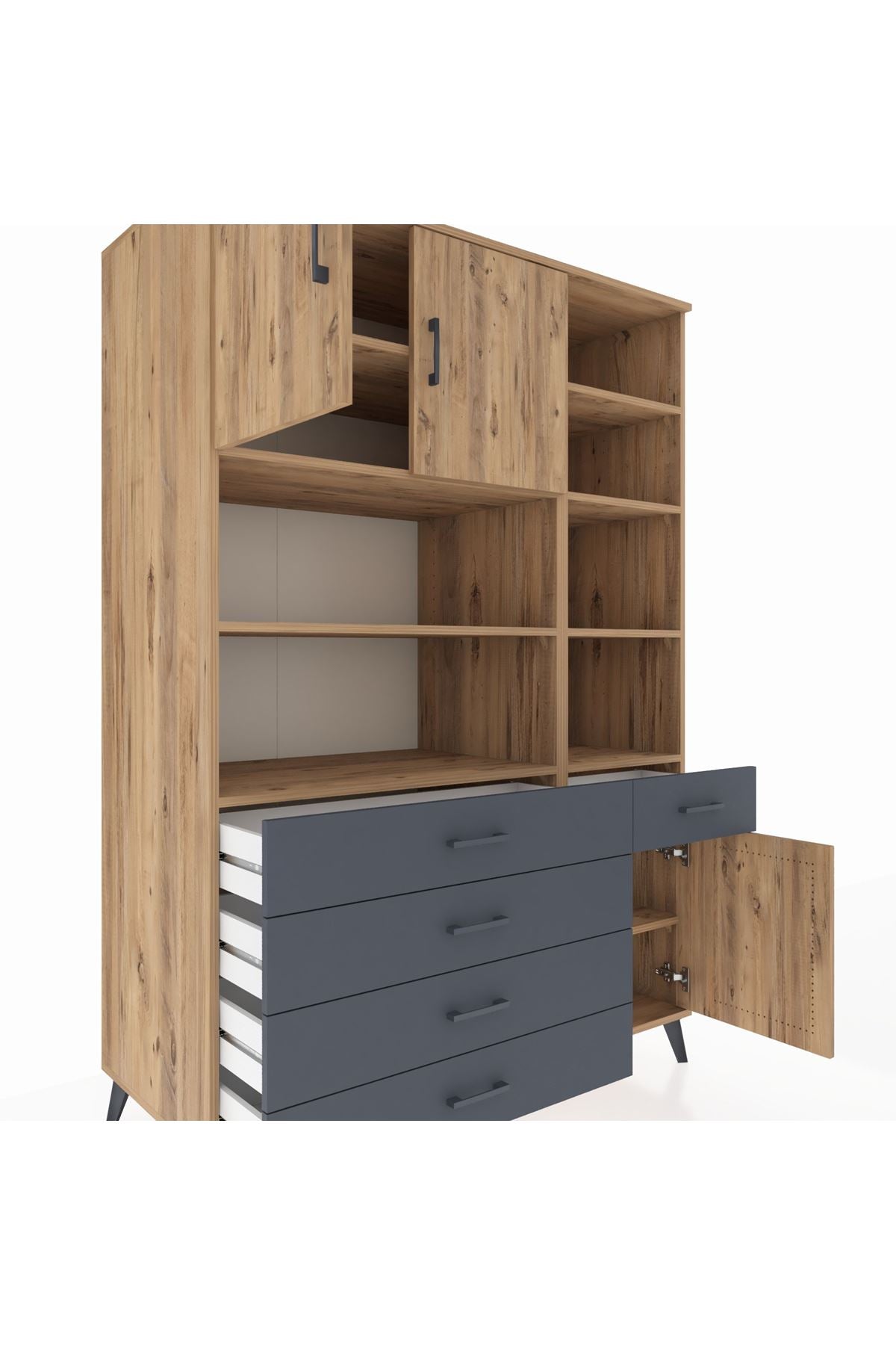 Kronos Dolap 9 Raflı 5 Çekmeceli 3 Kapaklı 132x59x195 Çam-Çam/Antrasit