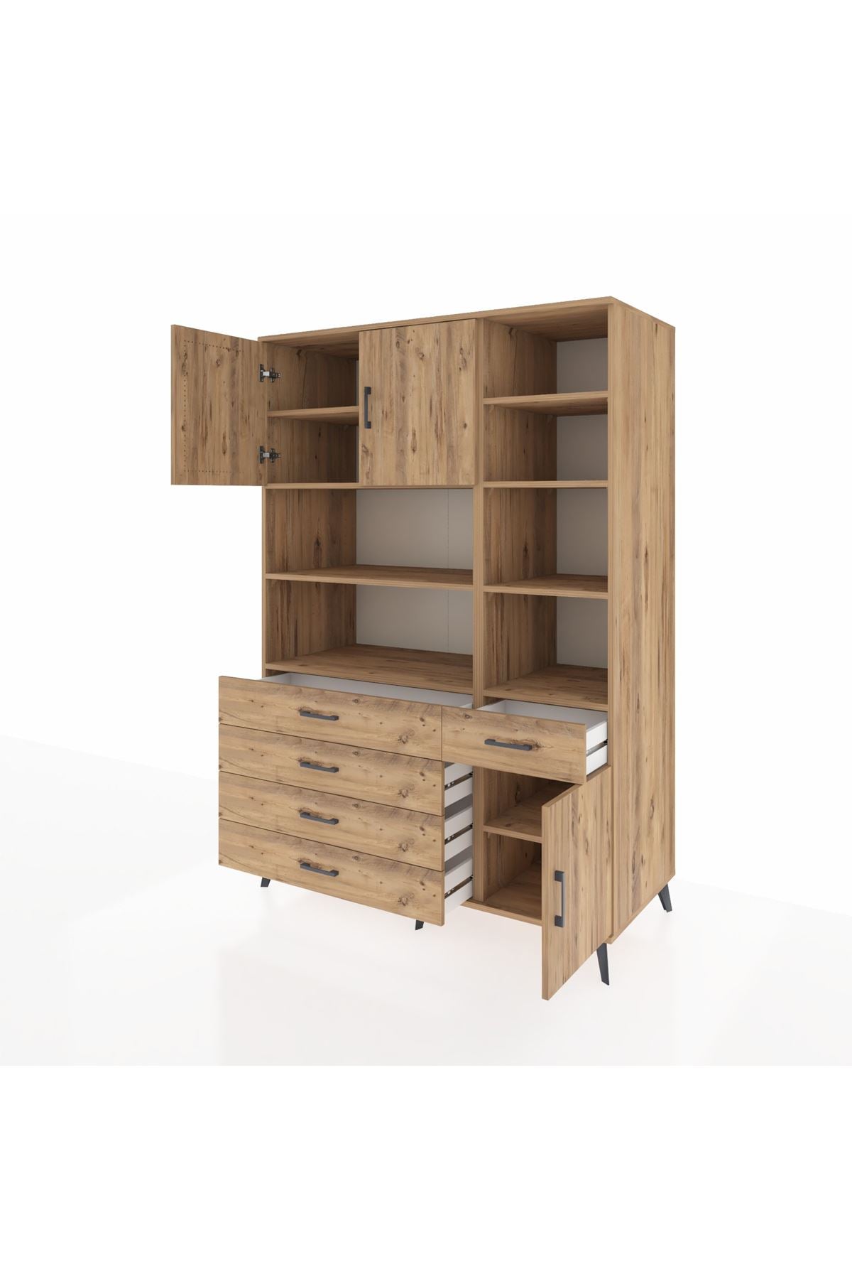 Kronos Dolap 9 Raflı 5 Çekmeceli 3 Kapaklı 132x59x195 Çam-Çam/Çam