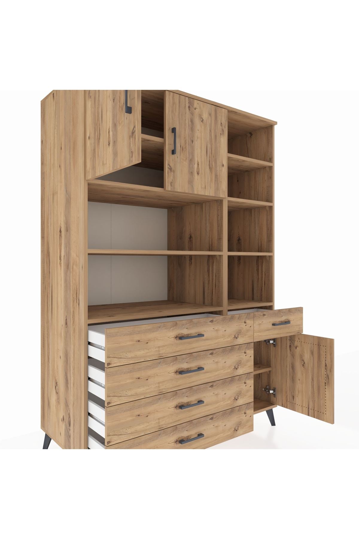 Kronos Dolap 9 Raflı 5 Çekmeceli 3 Kapaklı 132x59x195 Çam-Çam/Çam