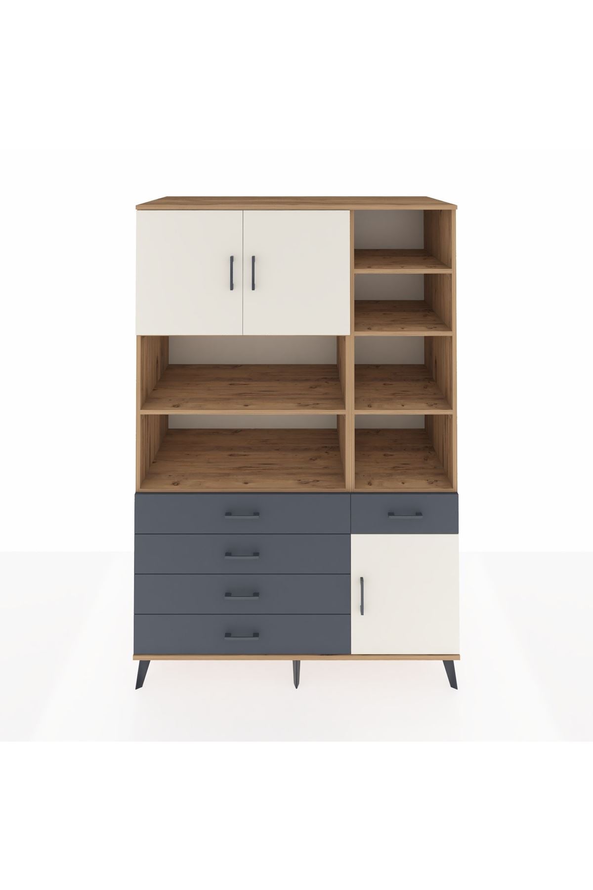 Kronos Dolap 9 Raflı 5 Çekmeceli 3 Kapaklı 132x59x195 Çam-Aytaşı/Antrasit