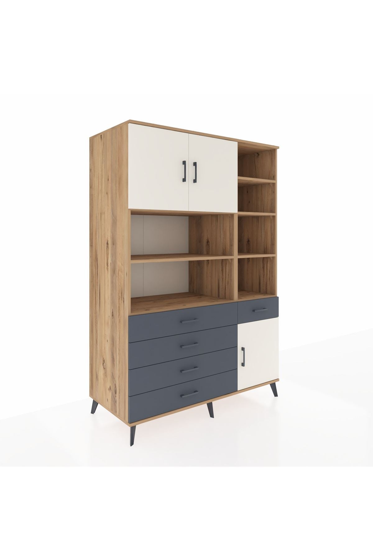 Kronos Dolap 9 Raflı 5 Çekmeceli 3 Kapaklı 132x59x195 Çam-Aytaşı/Antrasit