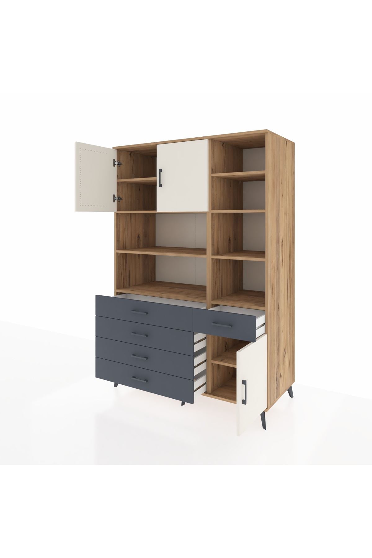 Kronos Dolap 9 Raflı 5 Çekmeceli 3 Kapaklı 132x59x195 Çam-Aytaşı/Antrasit