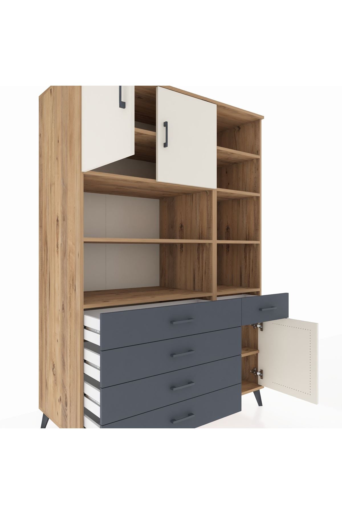 Kronos Dolap 9 Raflı 5 Çekmeceli 3 Kapaklı 132x59x195 Çam-Aytaşı/Antrasit