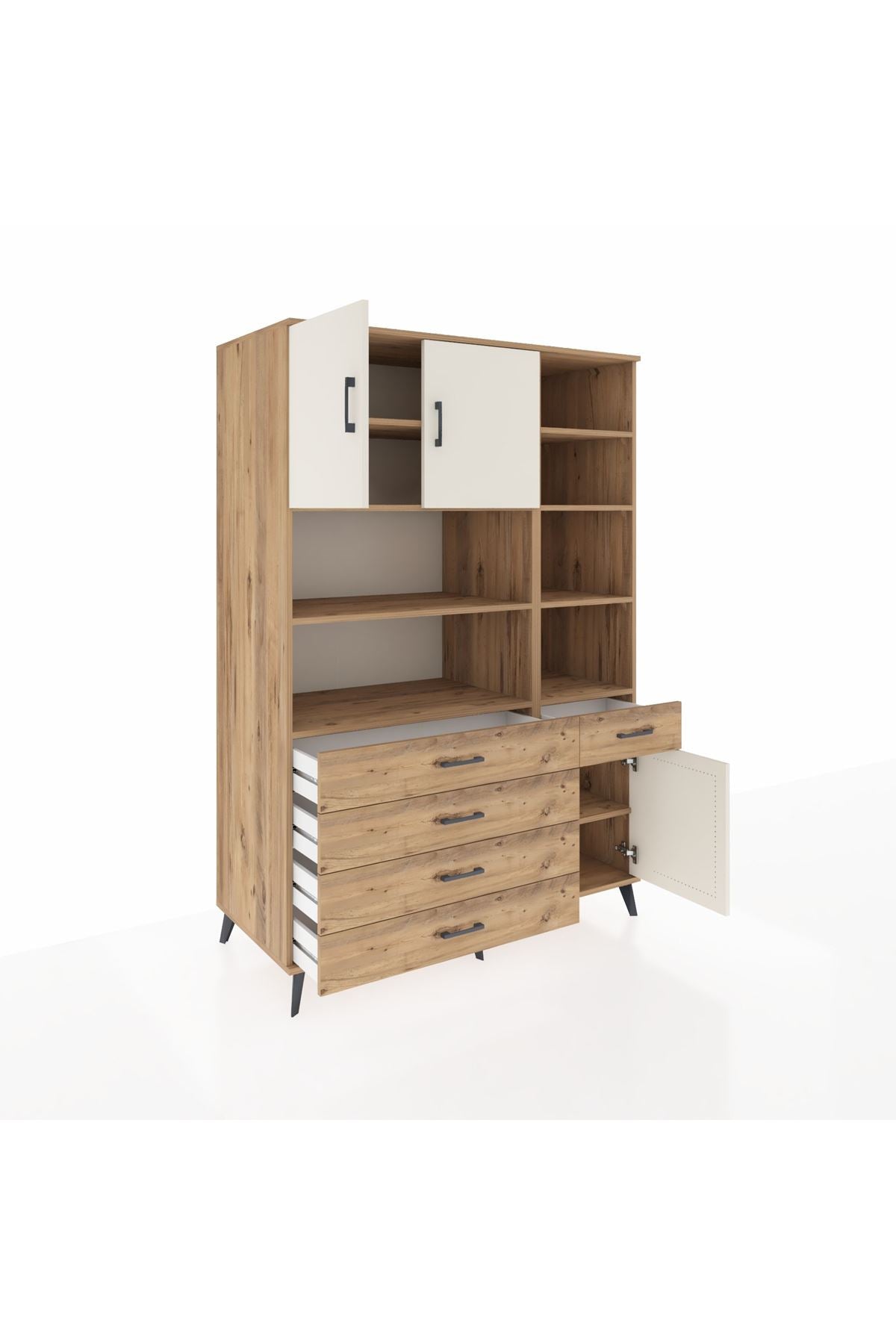 Kronos Dolap 9 Raflı 5 Çekmeceli 3 Kapaklı 132x59x195 Çam-Aytaşı/Çam