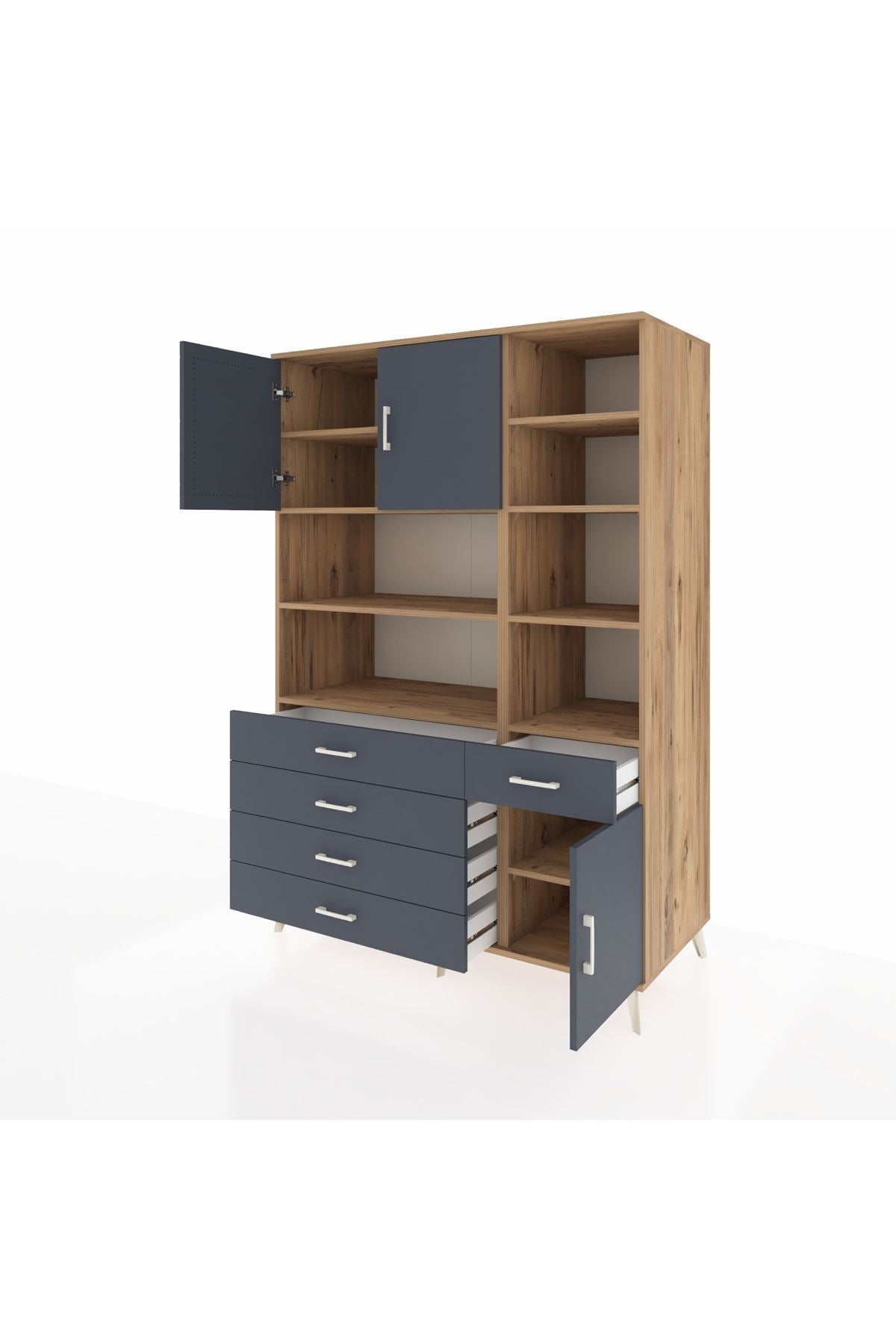 Kronos Dolap 9 Raflı 5 Çekmeceli 3 Kapaklı 132x59x195 Çam-Antrasit/Antrasit