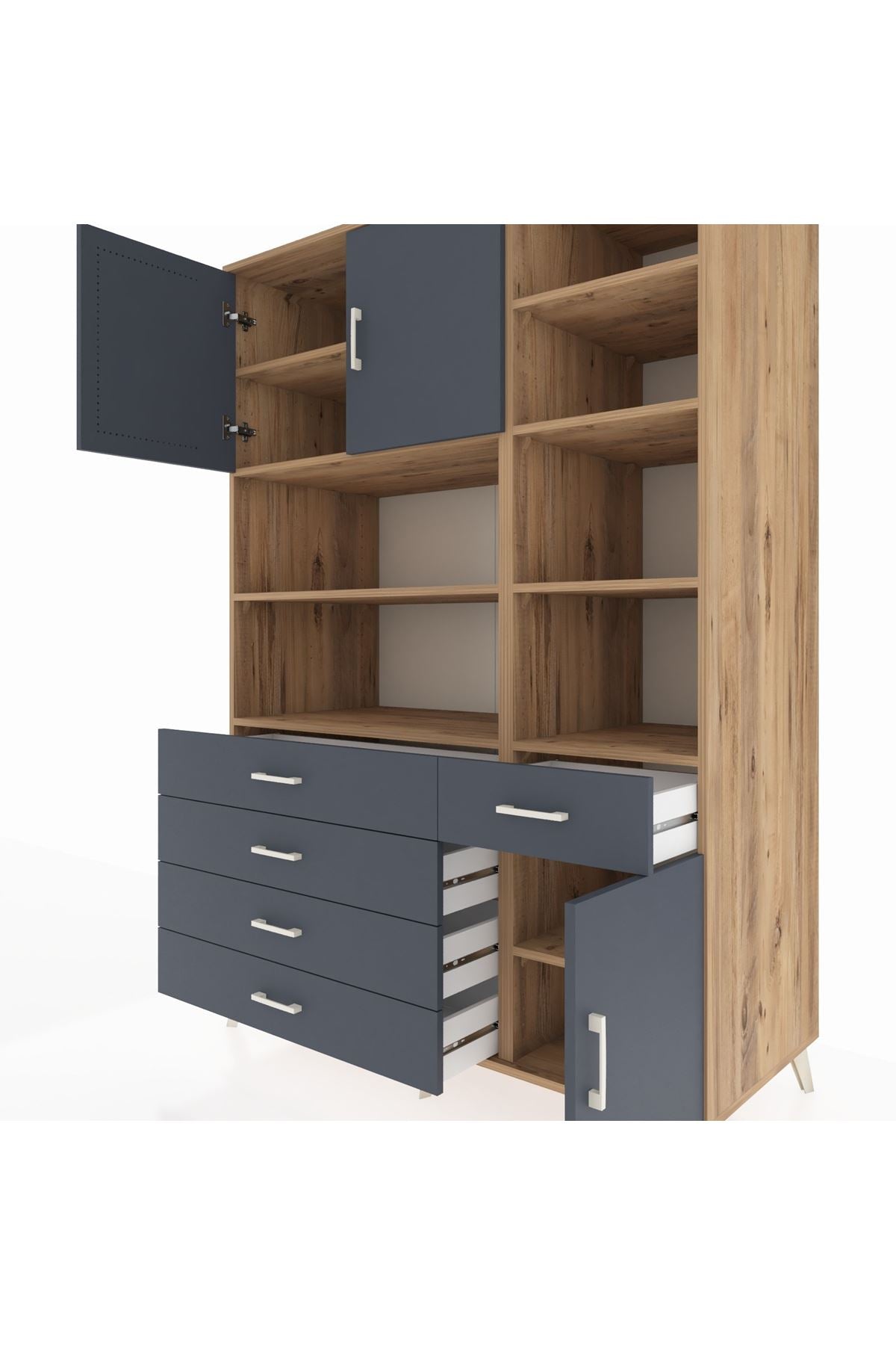 Kronos Dolap 9 Raflı 5 Çekmeceli 3 Kapaklı 132x59x195 Çam-Antrasit/Antrasit