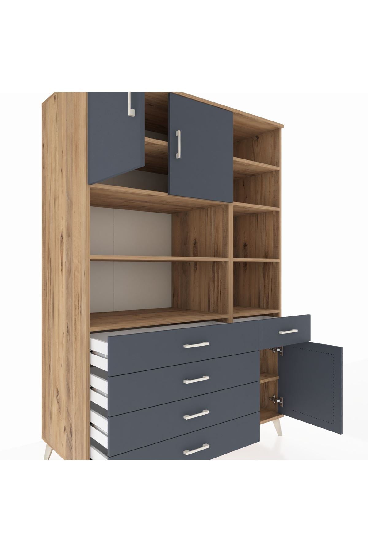 Kronos Dolap 9 Raflı 5 Çekmeceli 3 Kapaklı 132x59x195 Çam-Antrasit/Antrasit