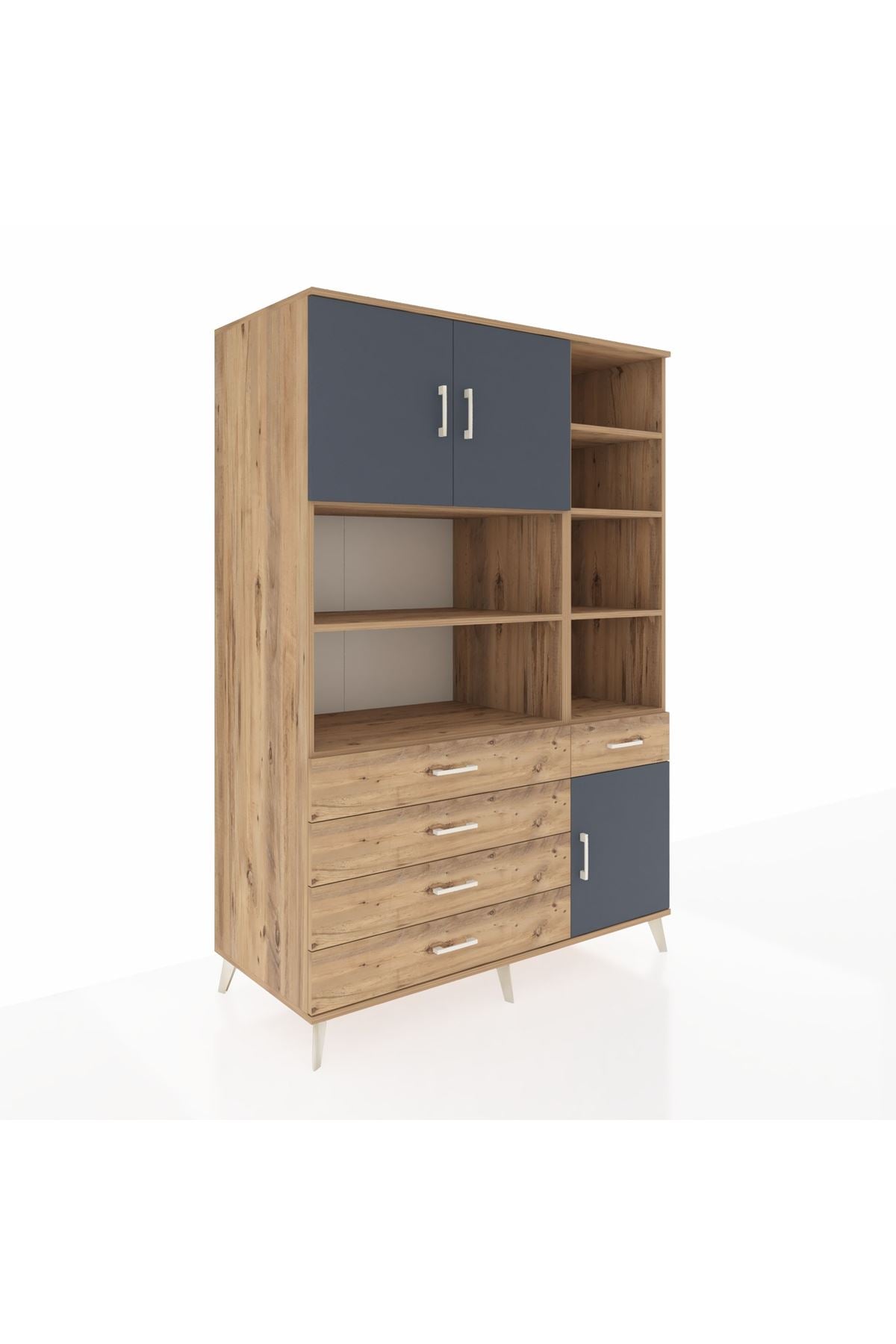 Kronos Dolap 9 Raflı 5 Çekmeceli 3 Kapaklı 132x59x195 Çam-Antrasit/Çam