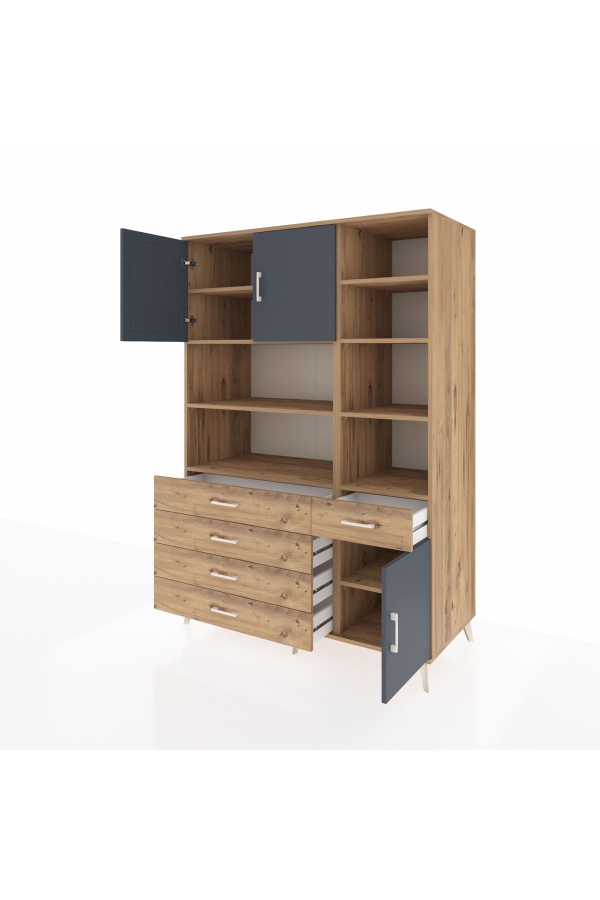 Kronos Dolap 9 Raflı 5 Çekmeceli 3 Kapaklı 132x59x195 Çam-Antrasit/Çam