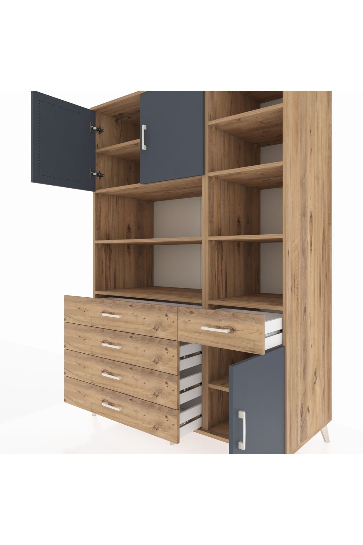 Kronos Dolap 9 Raflı 5 Çekmeceli 3 Kapaklı 132x59x195 Çam-Antrasit/Çam