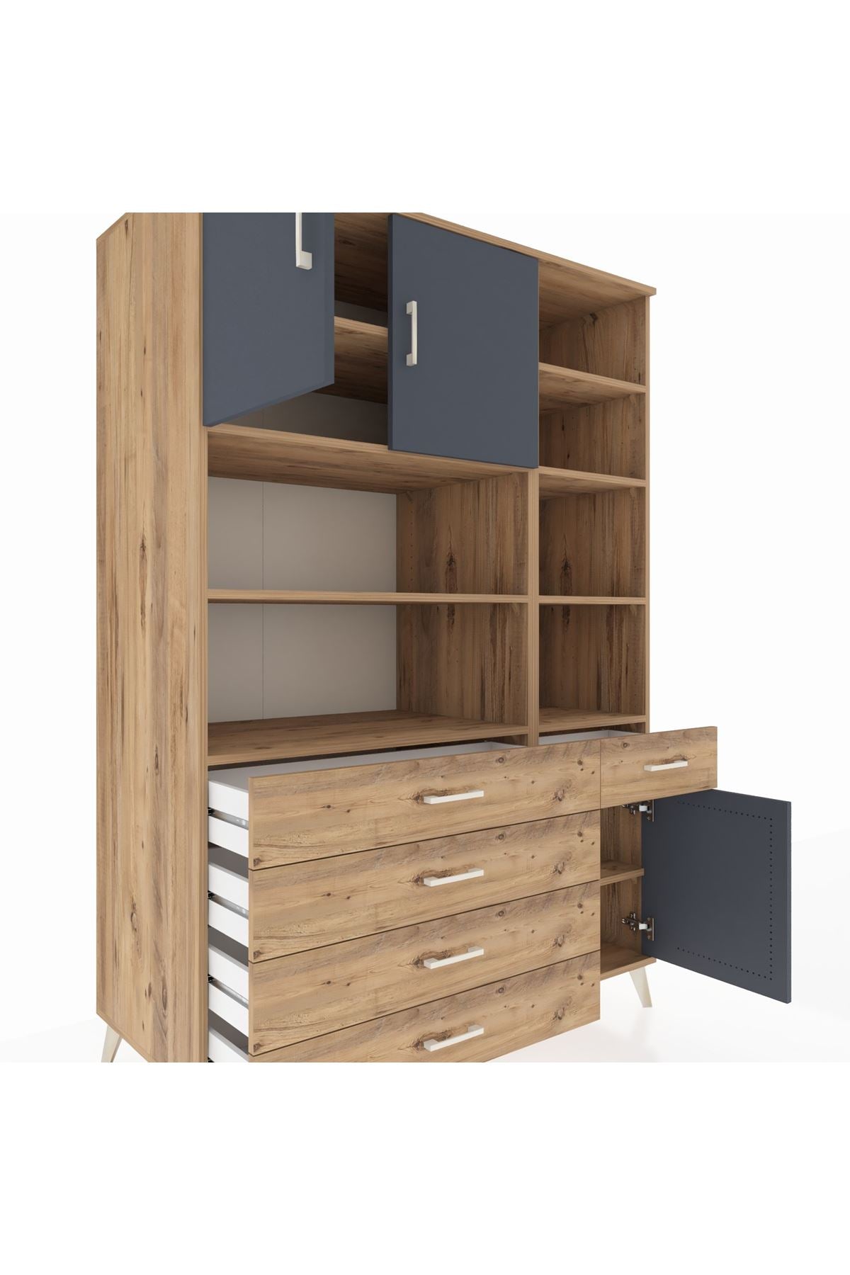 Kronos Dolap 9 Raflı 5 Çekmeceli 3 Kapaklı 132x59x195 Çam-Antrasit/Çam