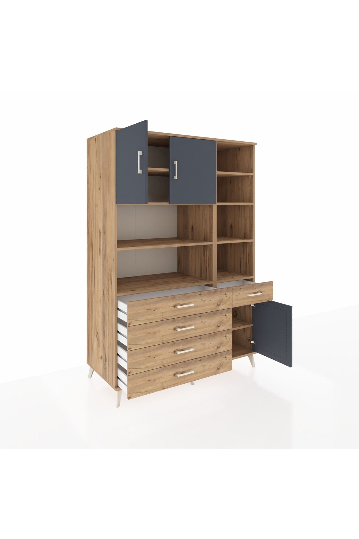 Kronos Dolap 9 Raflı 5 Çekmeceli 3 Kapaklı 132x59x195 Çam-Antrasit/Çam