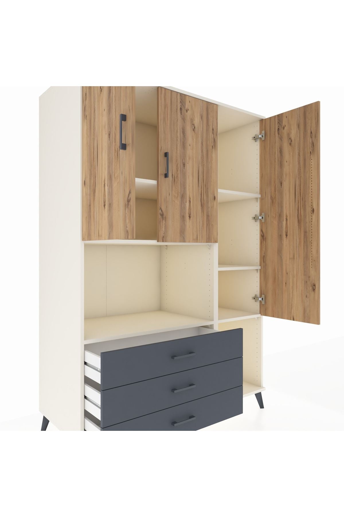 Kronos Dolap 6 Raflı 3 Çekmeceli 3 Kapaklı 132x59x195 Aytaşı-Çam/Antrasit