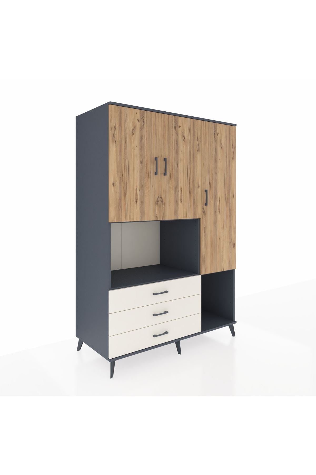 Kronos Dolap 6 Raflı 3 Çekmeceli 3 Kapaklı 132x59x195 Antrasit-Çam/Aytaşı