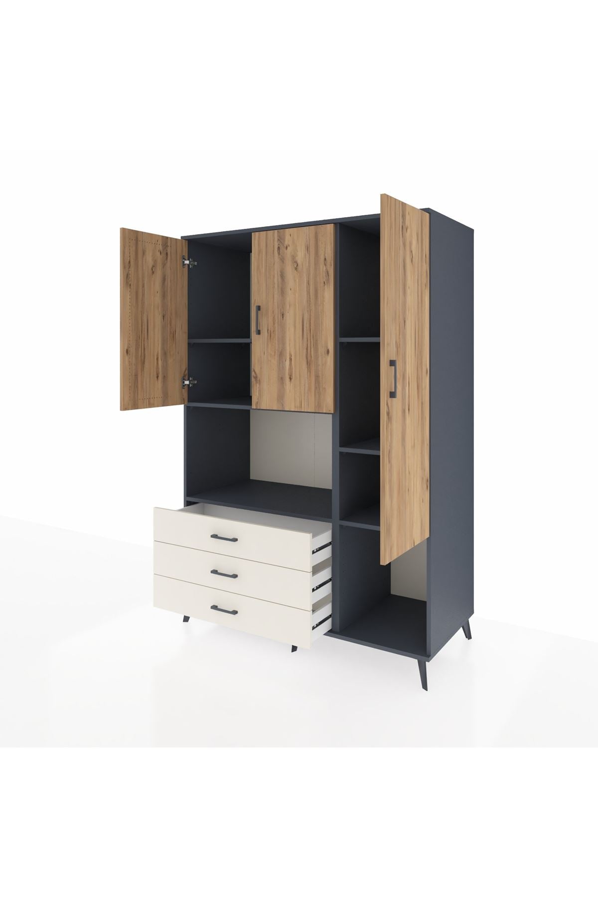 Kronos Dolap 6 Raflı 3 Çekmeceli 3 Kapaklı 132x59x195 Antrasit-Çam/Aytaşı