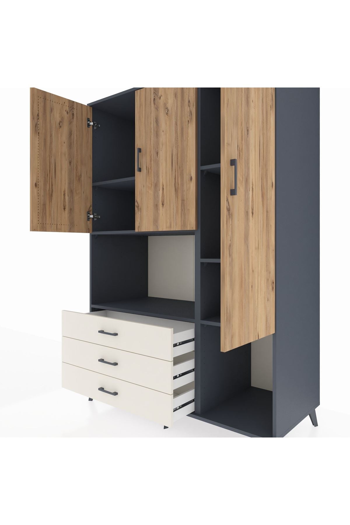 Kronos Dolap 6 Raflı 3 Çekmeceli 3 Kapaklı 132x59x195 Antrasit-Çam/Aytaşı