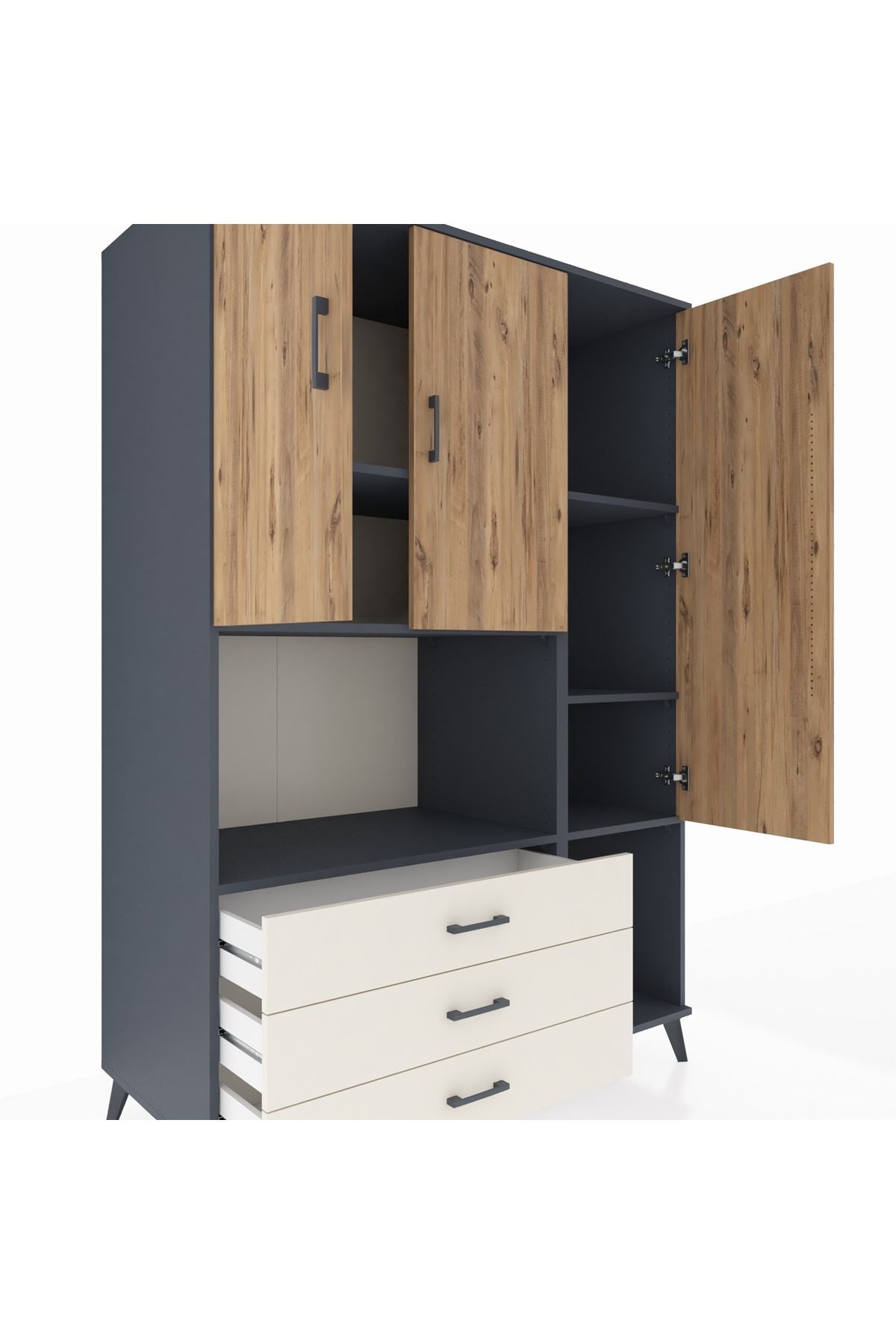 Kronos Dolap 6 Raflı 3 Çekmeceli 3 Kapaklı 132x59x195 Antrasit-Çam/Aytaşı