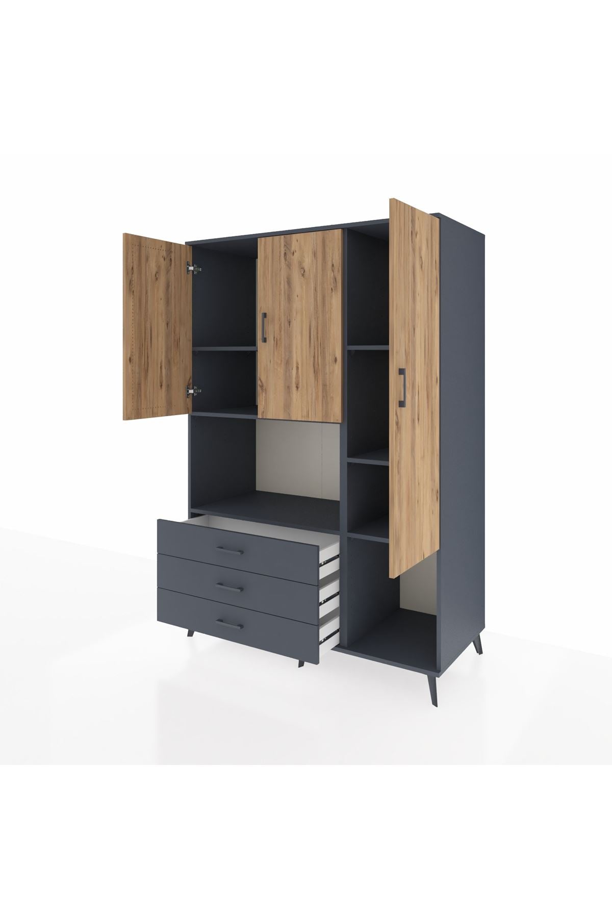 Kronos Dolap 6 Raflı 3 Çekmeceli 3 Kapaklı 132x59x195 Antrasit-Çam/Antrasit