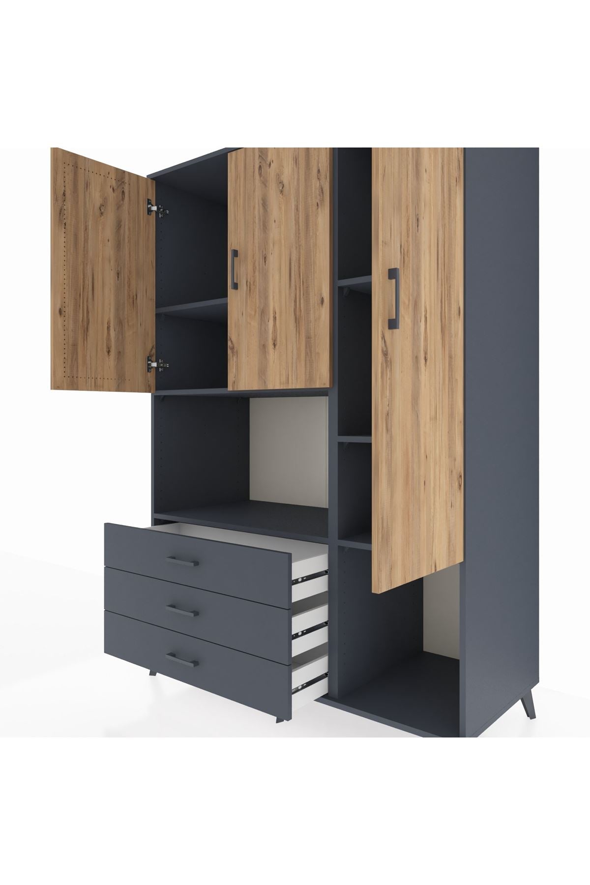 Kronos Dolap 6 Raflı 3 Çekmeceli 3 Kapaklı 132x59x195 Antrasit-Çam/Antrasit