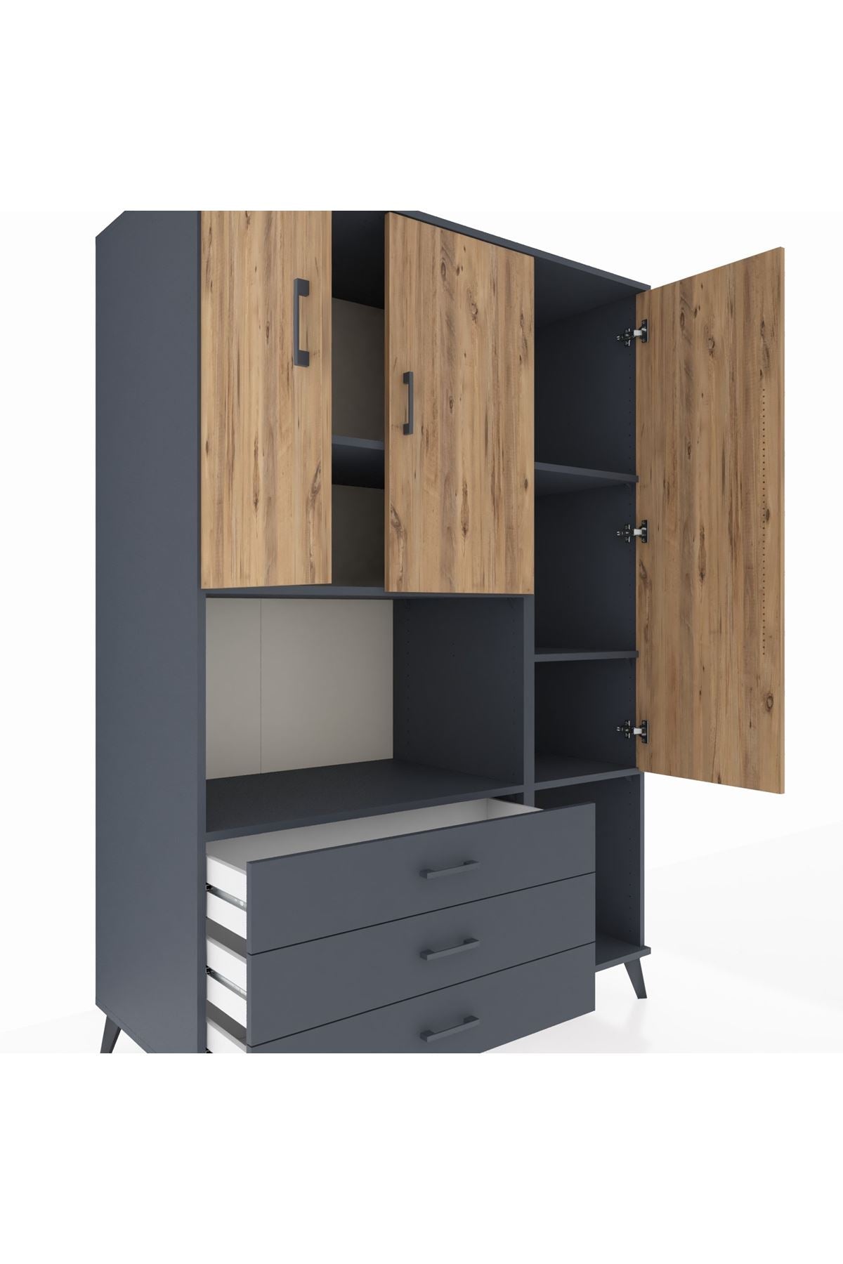 Kronos Dolap 6 Raflı 3 Çekmeceli 3 Kapaklı 132x59x195 Antrasit-Çam/Antrasit