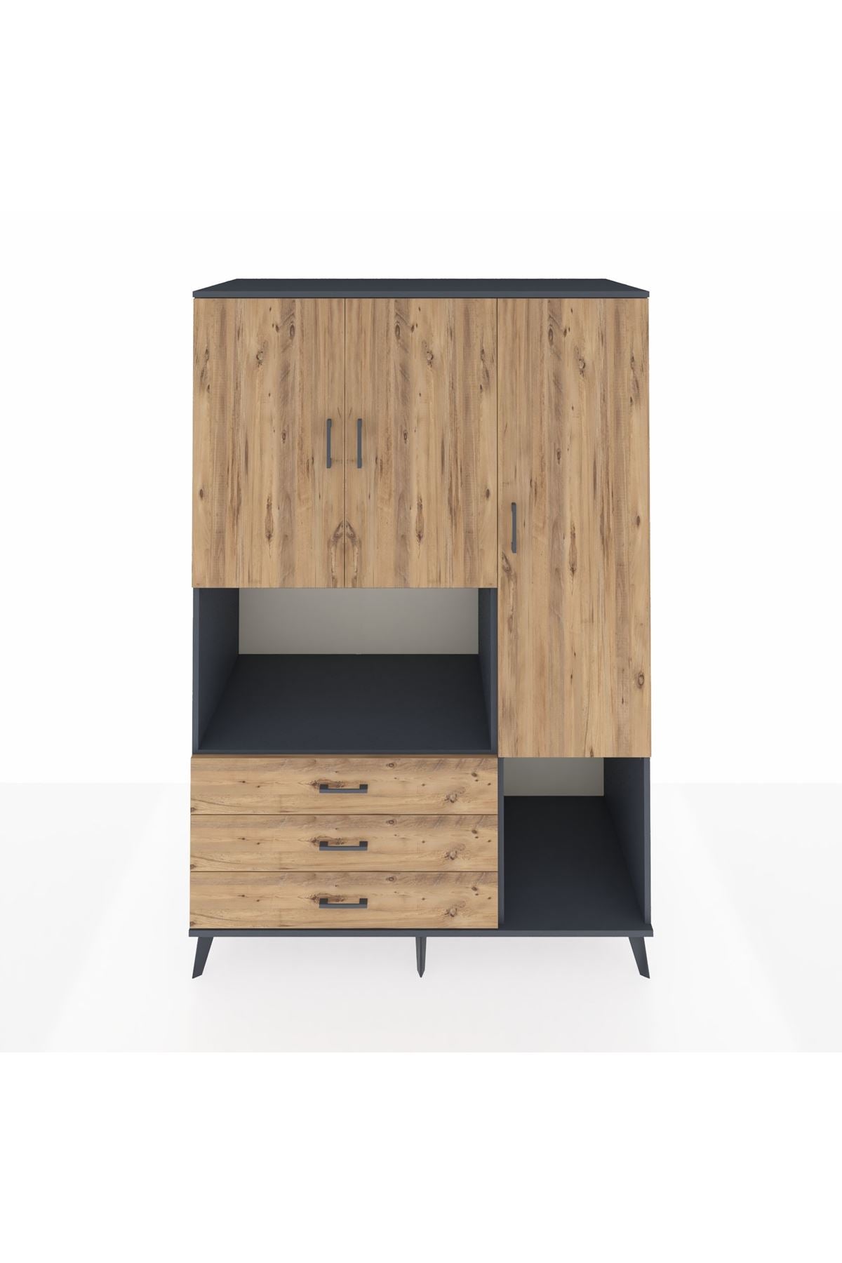 Kronos Dolap 6 Raflı 3 Çekmeceli 3 Kapaklı 132x59x195 Antrasit-Çam/Çam