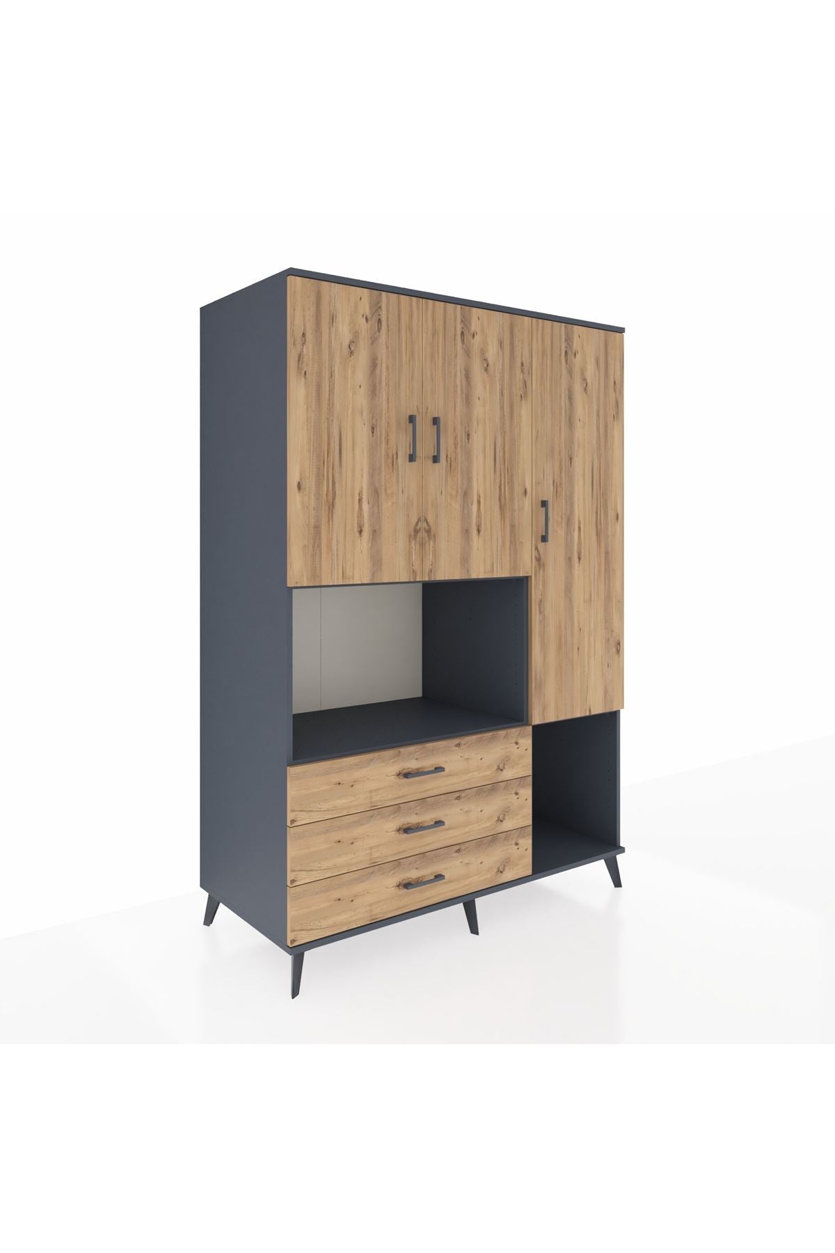 Kronos Dolap 6 Raflı 3 Çekmeceli 3 Kapaklı 132x59x195 Antrasit-Çam/Çam