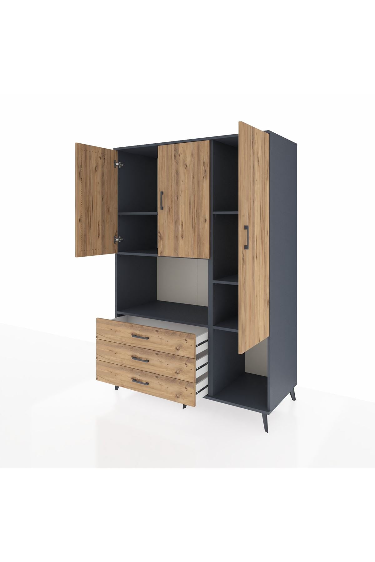 Kronos Dolap 6 Raflı 3 Çekmeceli 3 Kapaklı 132x59x195 Antrasit-Çam/Çam