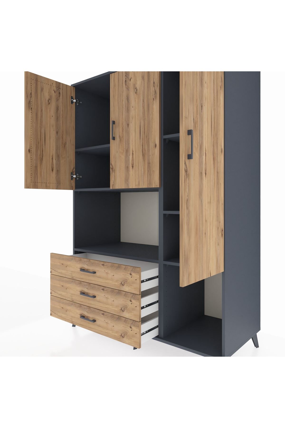 Kronos Dolap 6 Raflı 3 Çekmeceli 3 Kapaklı 132x59x195 Antrasit-Çam/Çam