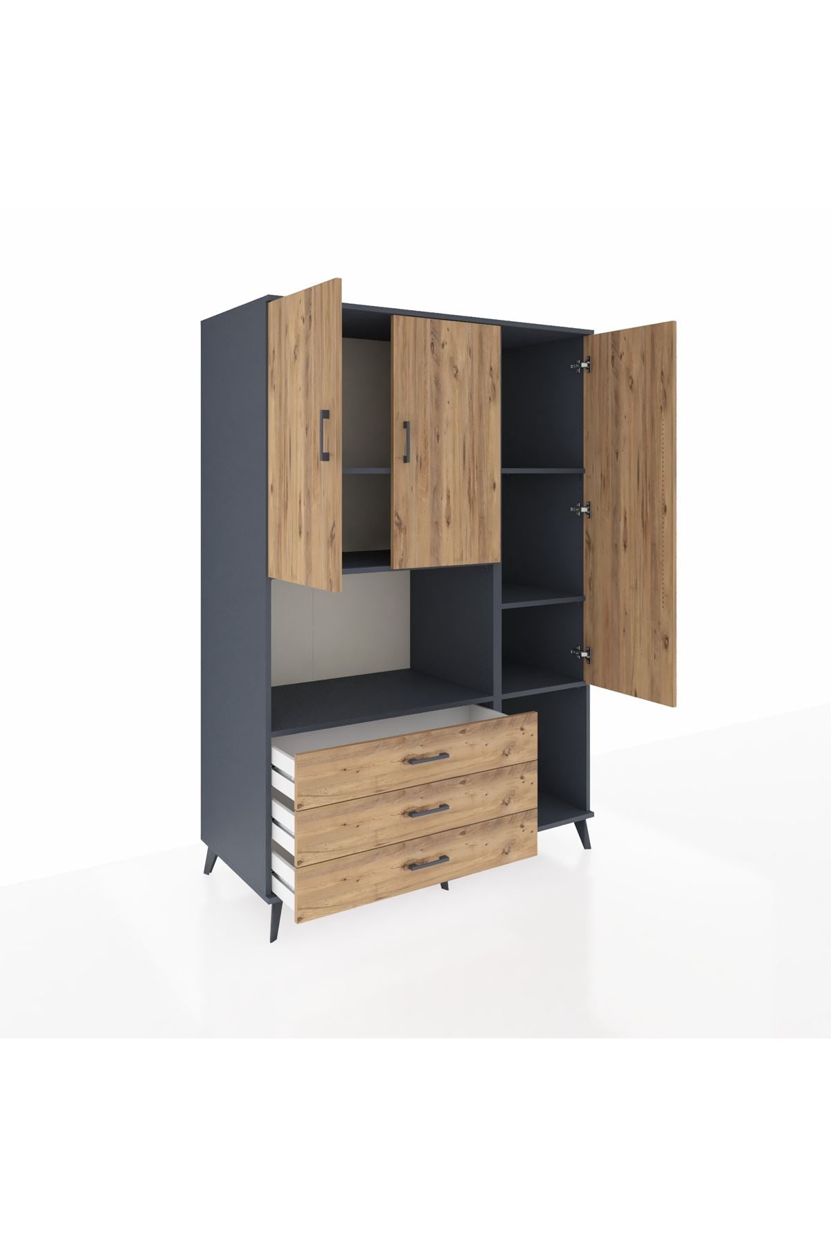 Kronos Dolap 6 Raflı 3 Çekmeceli 3 Kapaklı 132x59x195 Antrasit-Çam/Çam