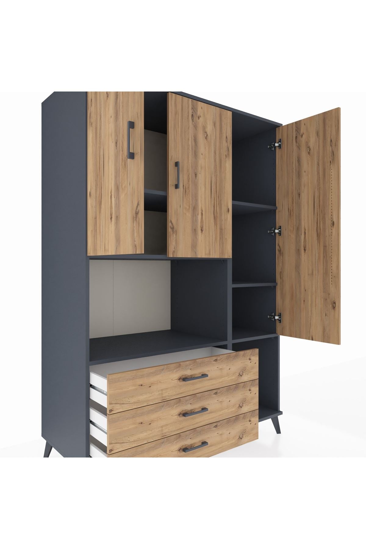Kronos Dolap 6 Raflı 3 Çekmeceli 3 Kapaklı 132x59x195 Antrasit-Çam/Çam