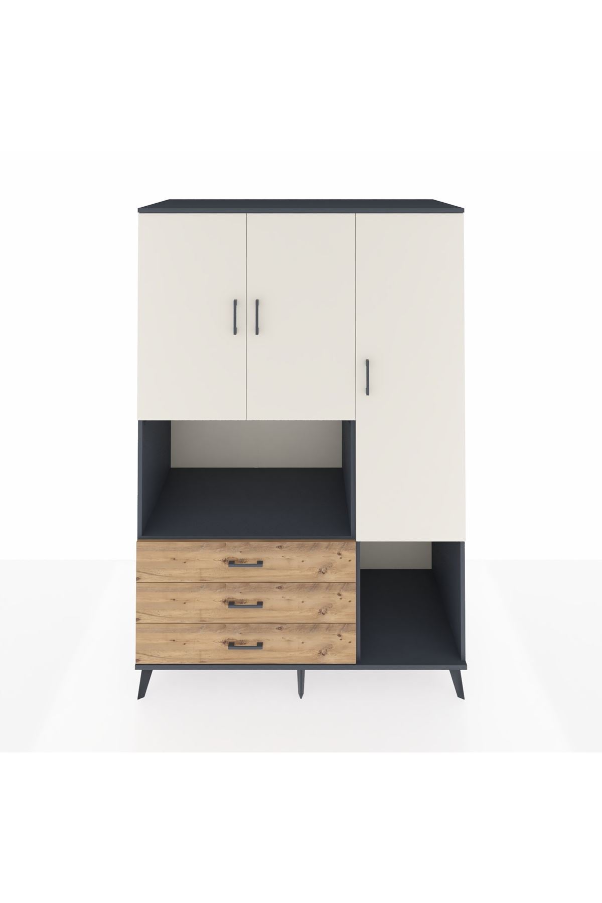 Kronos Dolap 6 Raflı 3 Çekmeceli 3 Kapaklı 132x59x195 Antrasit-Aytaşı/Çam