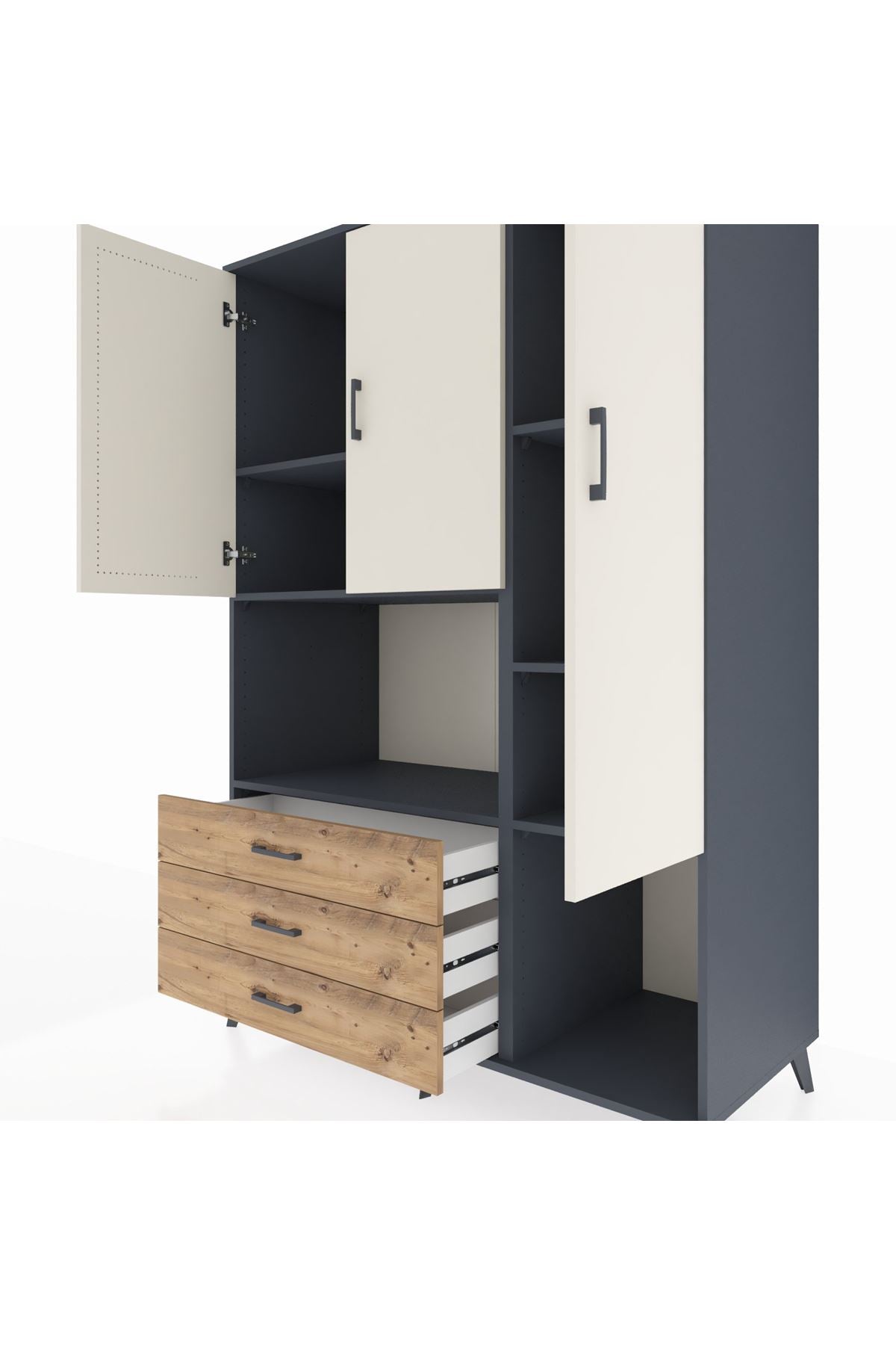 Kronos Dolap 6 Raflı 3 Çekmeceli 3 Kapaklı 132x59x195 Antrasit-Aytaşı/Çam