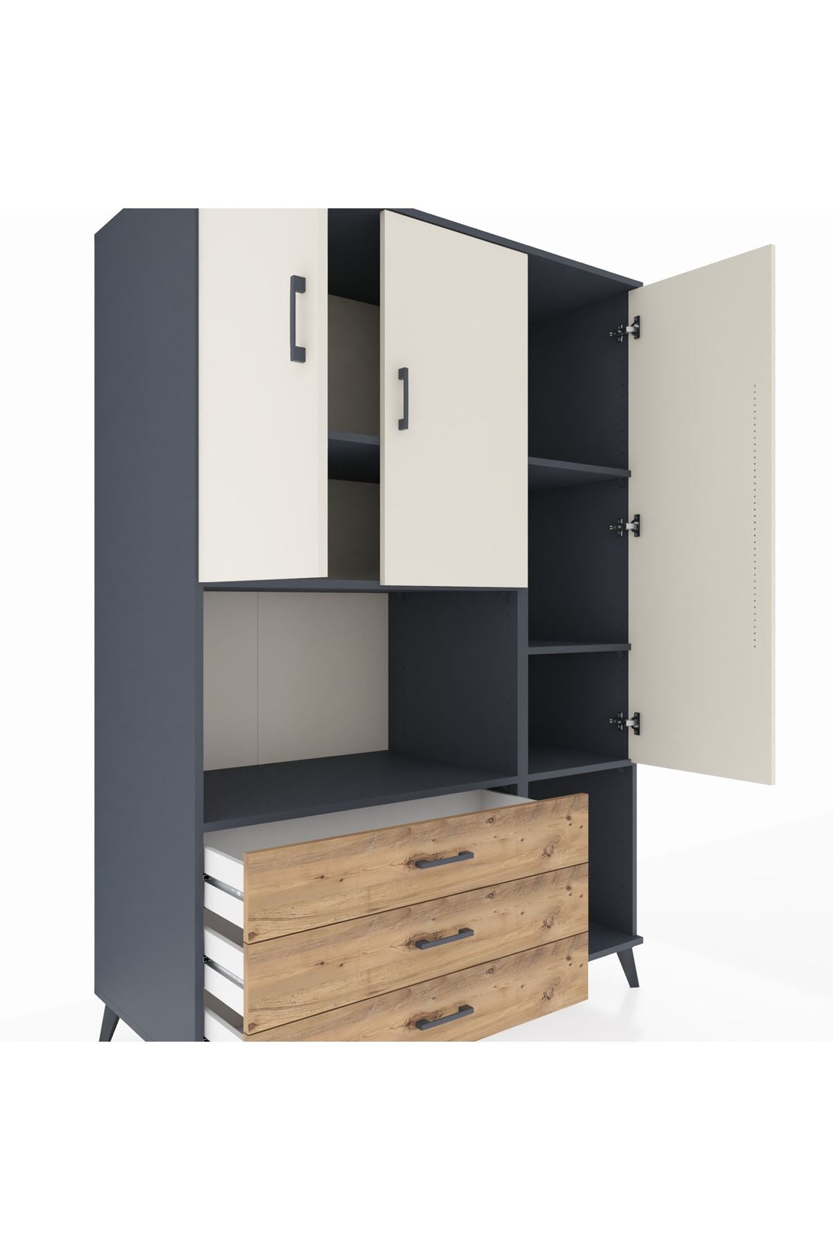 Kronos Dolap 6 Raflı 3 Çekmeceli 3 Kapaklı 132x59x195 Antrasit-Aytaşı/Çam