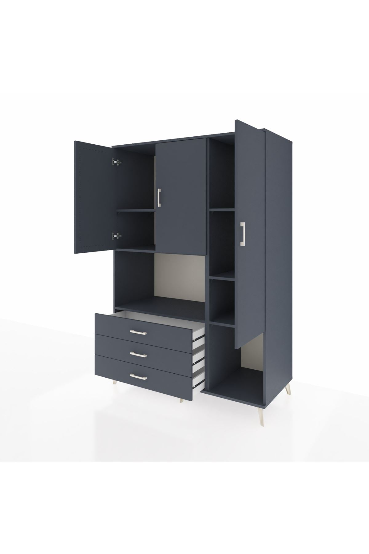 Kronos Dolap 6 Raflı 3 Çekmeceli 3 Kapaklı 132x59x195 Antrasit-Antrasit/Antrasit