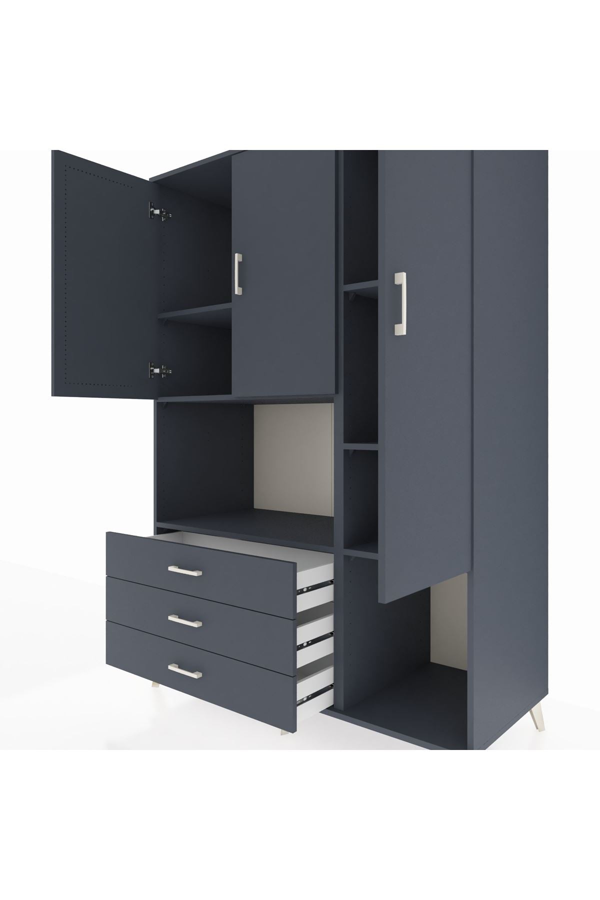 Kronos Dolap 6 Raflı 3 Çekmeceli 3 Kapaklı 132x59x195 Antrasit-Antrasit/Antrasit