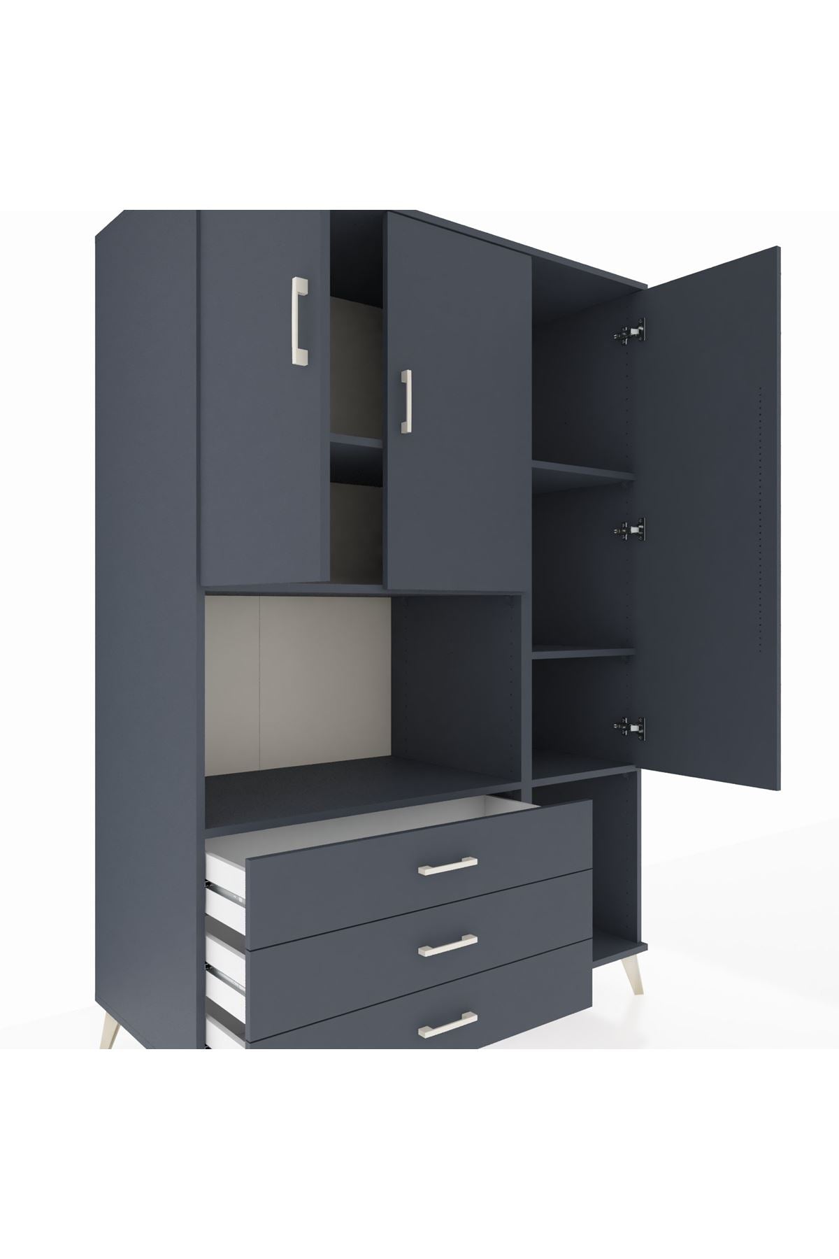 Kronos Dolap 6 Raflı 3 Çekmeceli 3 Kapaklı 132x59x195 Antrasit-Antrasit/Antrasit