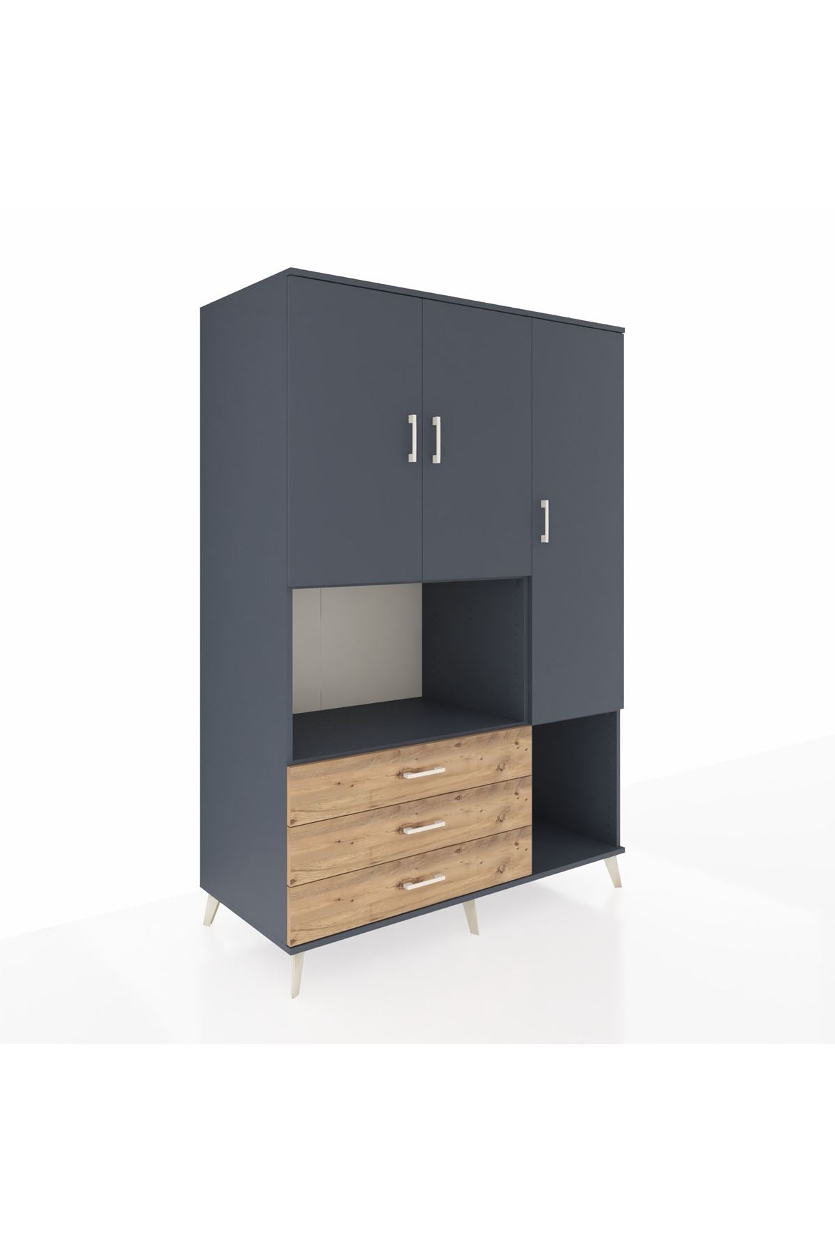 Kronos Dolap 6 Raflı 3 Çekmeceli 3 Kapaklı 132x59x195 Antrasit-Antrasit/Çam