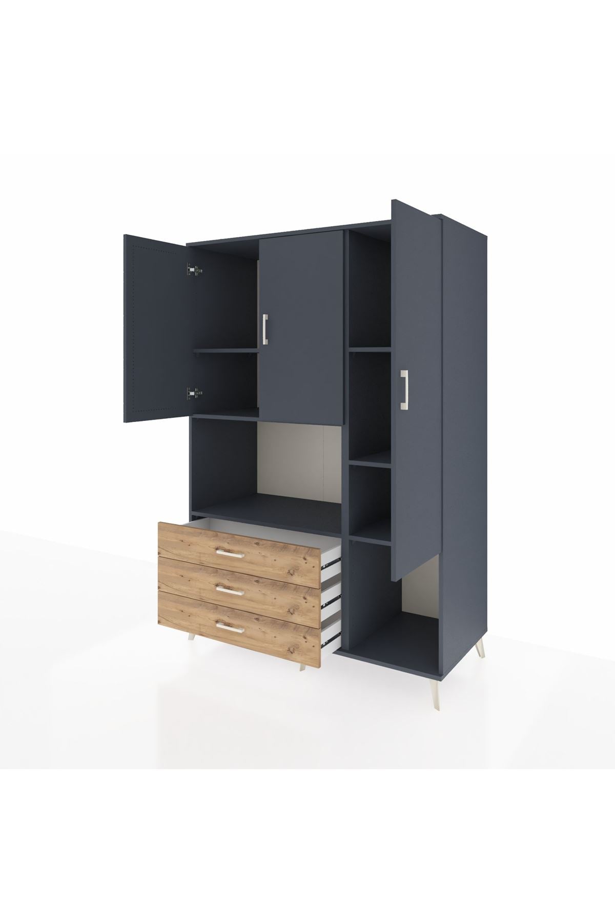 Kronos Dolap 6 Raflı 3 Çekmeceli 3 Kapaklı 132x59x195 Antrasit-Antrasit/Çam