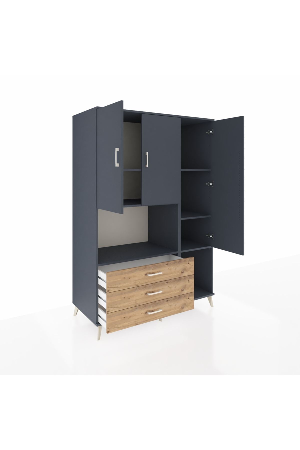 Kronos Dolap 6 Raflı 3 Çekmeceli 3 Kapaklı 132x59x195 Antrasit-Antrasit/Çam