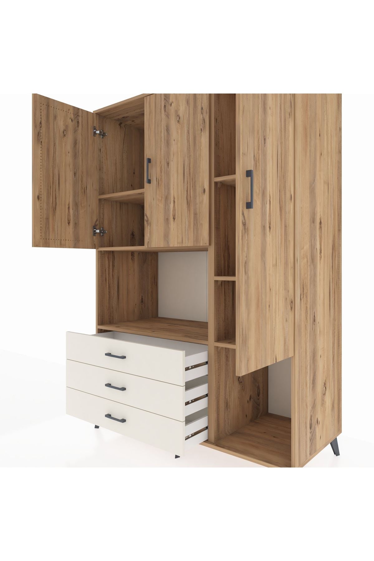 Kronos Dolap 6 Raflı 3 Çekmeceli 3 Kapaklı 132x59x195 Çam-Çam/Aytaşı