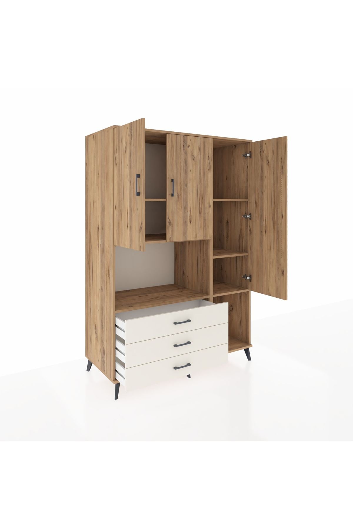 Kronos Dolap 6 Raflı 3 Çekmeceli 3 Kapaklı 132x59x195 Çam-Çam/Aytaşı