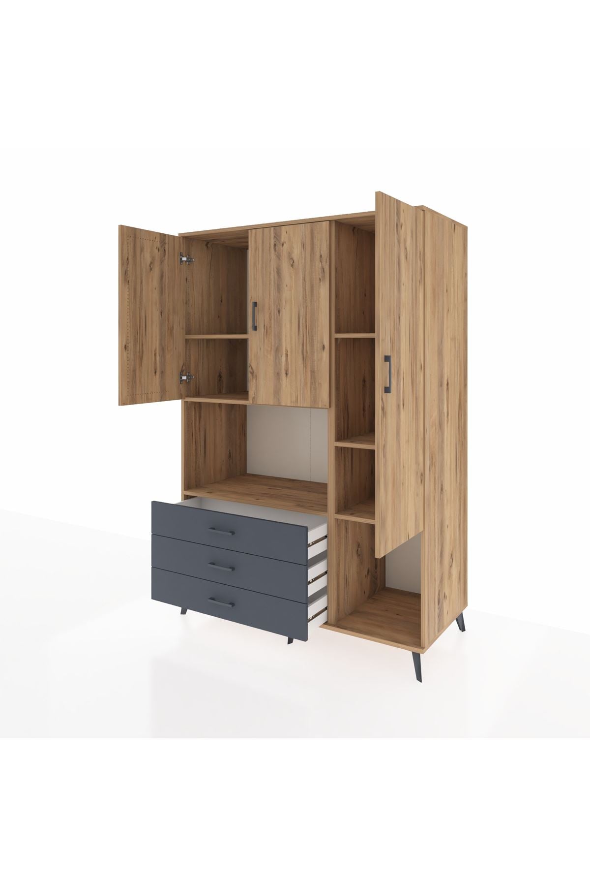 Kronos Dolap 6 Raflı 3 Çekmeceli 3 Kapaklı 132x59x195 Çam-Çam/Antrasit