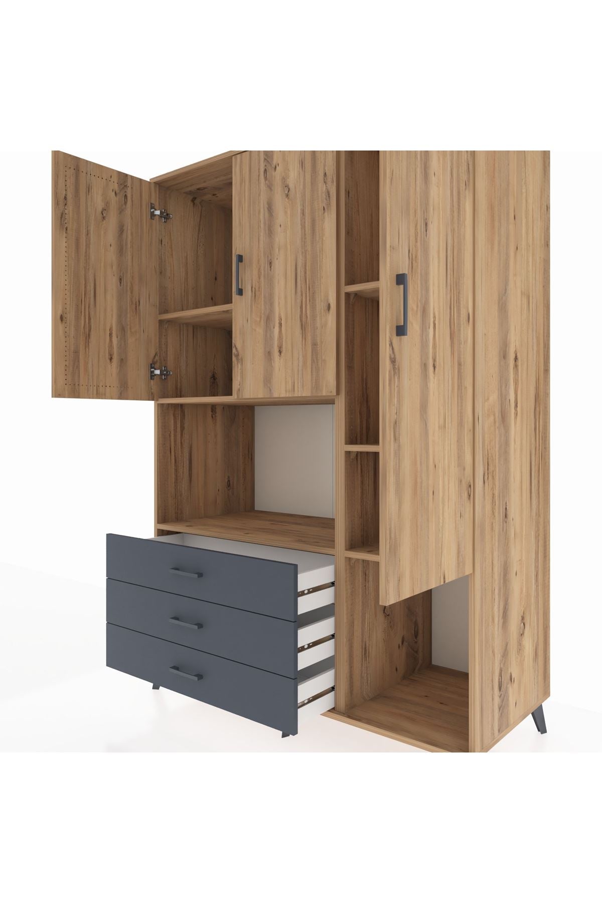 Kronos Dolap 6 Raflı 3 Çekmeceli 3 Kapaklı 132x59x195 Çam-Çam/Antrasit