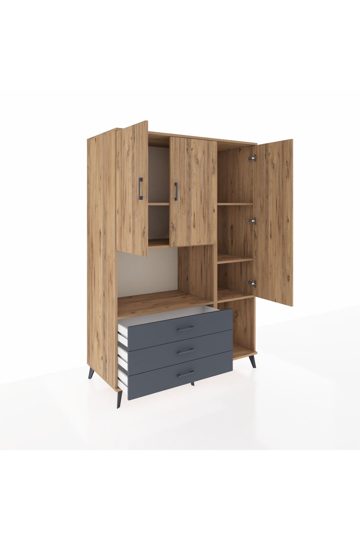 Kronos Dolap 6 Raflı 3 Çekmeceli 3 Kapaklı 132x59x195 Çam-Çam/Antrasit