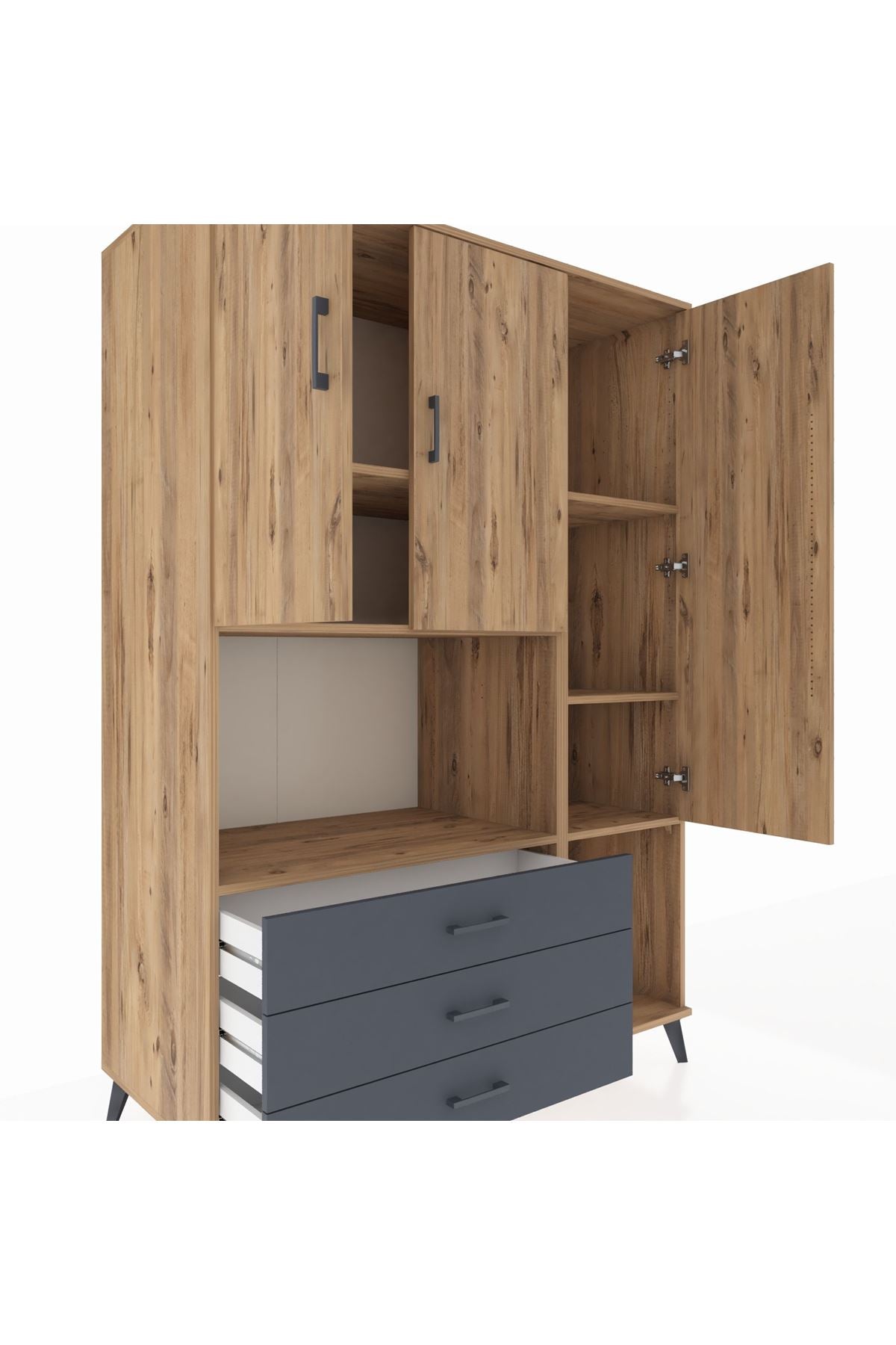 Kronos Dolap 6 Raflı 3 Çekmeceli 3 Kapaklı 132x59x195 Çam-Çam/Antrasit