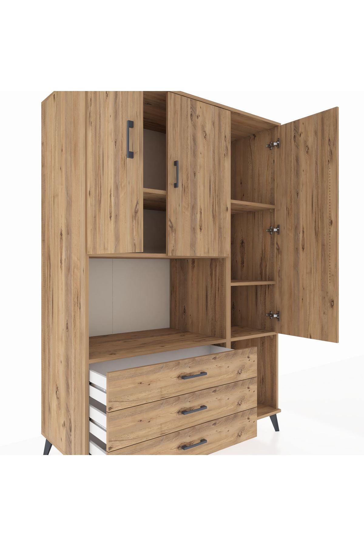 Kronos Dolap 6 Raflı 3 Çekmeceli 3 Kapaklı 132x59x195 Çam-Çam/Çam