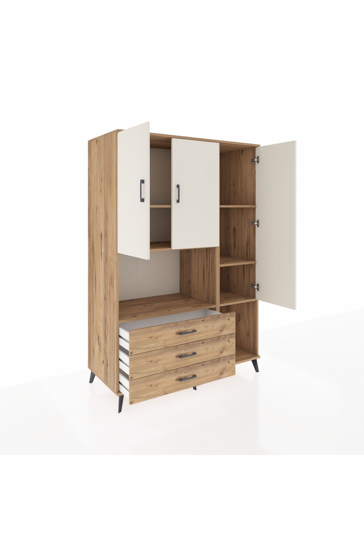 Kronos Dolap 6 Raflı 3 Çekmeceli 3 Kapaklı 132x59x195 Çam-Aytaşı/Çam